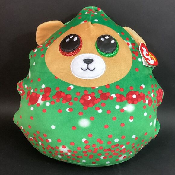 TY Squishy Beanies Everett - Puppy Dog Christmas - With Tag - Tan/Green w/Spots - Picture 1 of 8